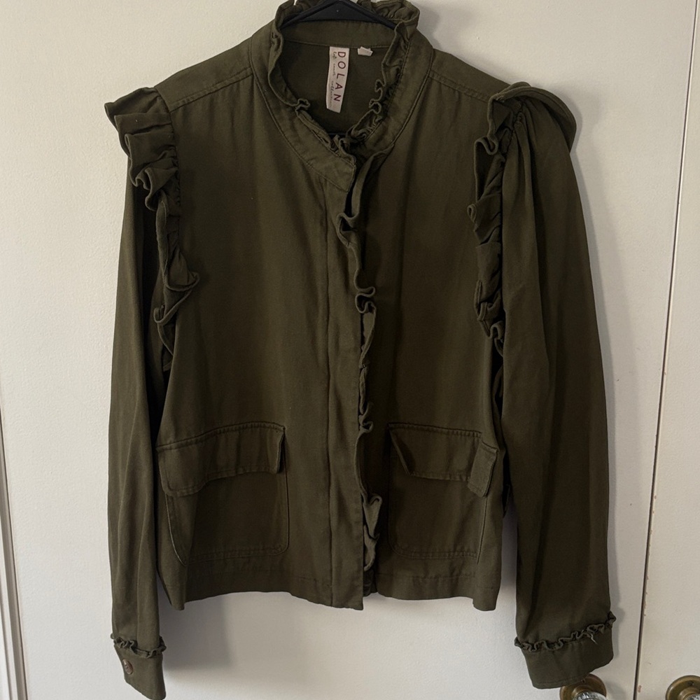 Anthropologie Dolan Utility Jacket in Olive with Ruffle Accents XL